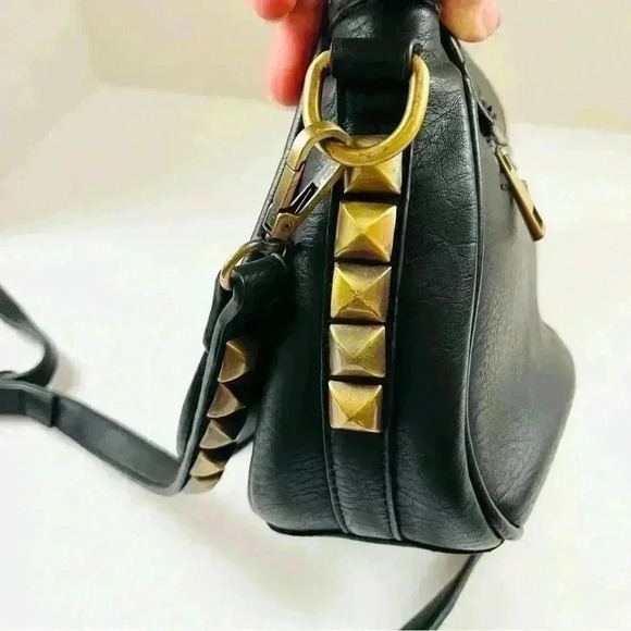 MMS Black Faux Leather w/ Gold Studded Hardware Adjustable Strap Crossbody Bag - Picture 14 of 15